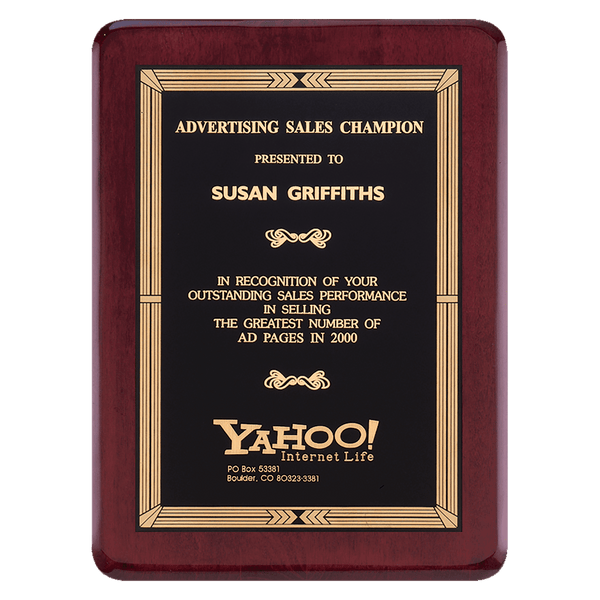 Rosewood Piano Finish Plaque with Gold Border Black Laserable Brass 7" x 9" Airflyte Premium PLate