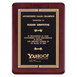Rosewood Piano Finish Plaque with Gold Border Black Laserable Brass 8" x 10 1/2" Airflyte Premium Plate