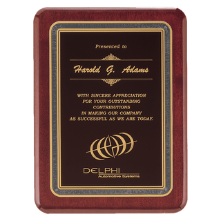 Rosewood Piano Finish Plaque with Black/Gold 7" x 9" Florentine Design LaserFX Plate
