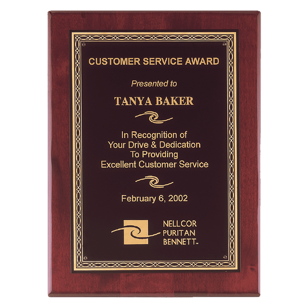 Rosewood Piano Finish Plaque with Gold Florentine Border Laserable Black Brass 7" x 9" Airflyte Premium PLate