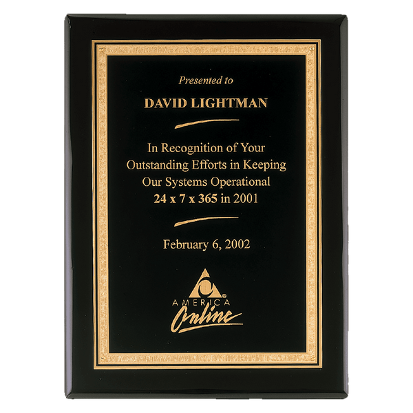 Black Piano Finish Plaque with Gold 7" x 9" Airflyte Premium Florentine Border LaserFX Plate