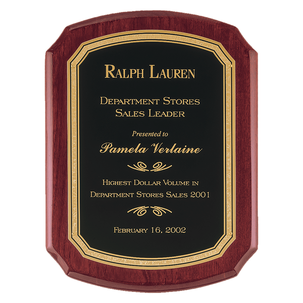 Rosewood Piano Finish Plaque with Black/Gold 9" x 12" Airflyte Florentine Border LaserFX Plate