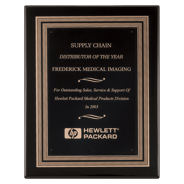 Black Piano Finish Plaque w/Black/Gold Embossed Back Plate & Black Brass 11" x 14" Plate