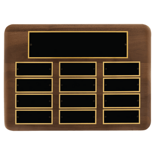 Walnut 12 Plate Perpetual Plaque with Black Brass 11" x 15"/Plates 1 1/2" x 3 3/4" American Plates