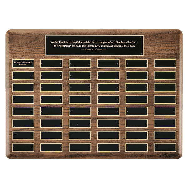 Walnut 60 Plate Perpetual Plaque with Black Brass 22" x 30"/Plates 1 1/2" x 3 3/4" American Plates