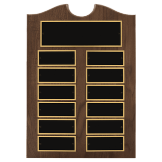 Walnut 12 Plate Perpetual Plaque with Black Brass 2 11" x 15"/Plates 1 1/2" x 3 3/4" American Plates