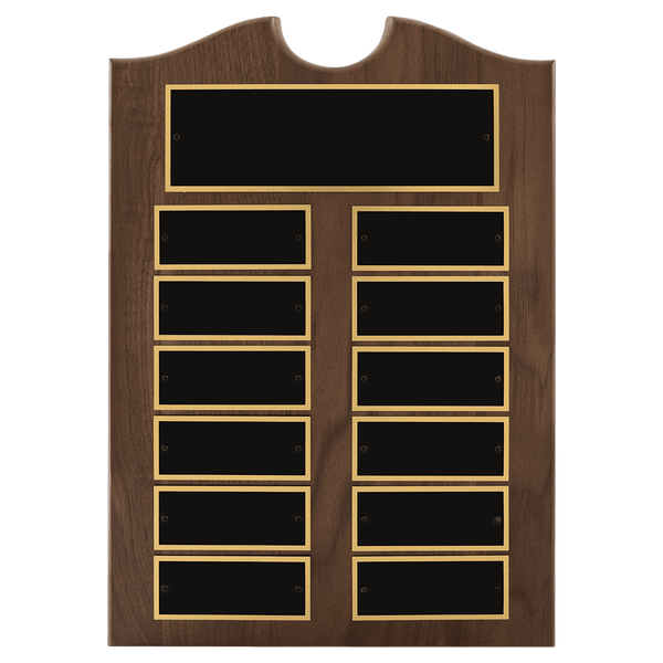 Walnut 12 Plate Perpetual Plaque with Black Brass 2 11" x 15"/Plates 1 1/2" x 3 3/4" American Plates