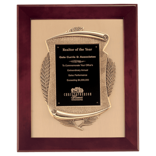 14" x 17" Rosewood Piano Finish Frame with Antique Bronze Casting          with Black LaserFX Plate on Brushed Gold Metal Background