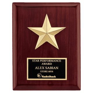6" x 8" Star Casting with Gabled Points and Goldtone Finish on a Rosewood Piano Finish Plaque with a Black Laserable Plate