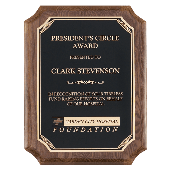 Walnut Piano Finish Plaque with Gold Florentine Border Black 7" x 9" Airflyte LaserFX Plate