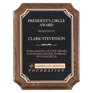8" x 10" Airflyte Walnut Piano Finish Plaque with Gold Florentine Border Black LaserFX Plate