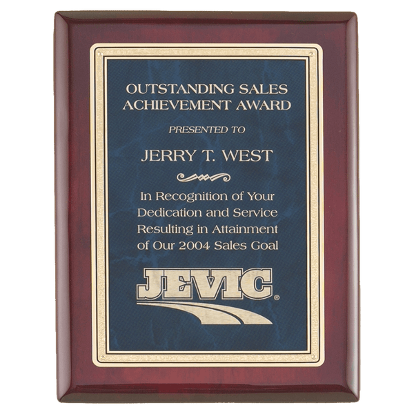 Rosewood Piano Finish Plaque with a Sapphire Marble/Gold 10 1/2" x 13" Florentine Design LaserFX Plate