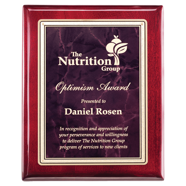 Rosewood Piano Finish Plaque with Ruby Marble/Gold 10 1/2" x 13" Florentine Design LaserFX Plate