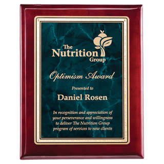 Rosewood Piano Finish Plaque with Emerald Marble/Gold 10 1/2" x 13" Florentine Design LaserFX Plate