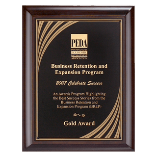 11" x 14" Hand Rubbed Cherry Finish Plaque with Cascading Gold Swirl Design Laserable Black Brass Plate