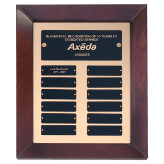 12" x 15" Airflyte Cherry Finish Frame Perpetual Plaque with Gold Metal Background and 12 Laserable Black Brass Plates