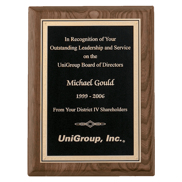 Walnut Piano Finish Plaque with Textured Black/Gold 8" x 10" Airflyte Florentine Border LaserFX Plate