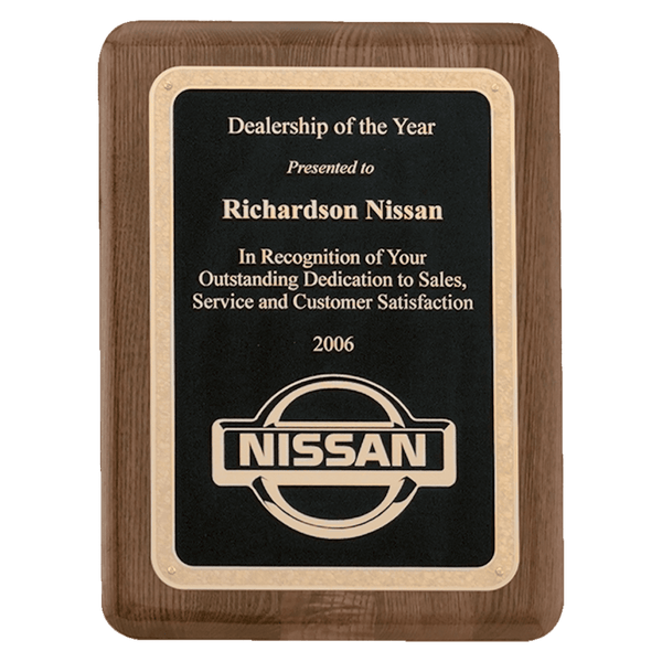 Walnut Piano Finish Plaque with Textured Black/Gold 8" x 10 1/2" Airflyte Florentine Border LaserFX Plate