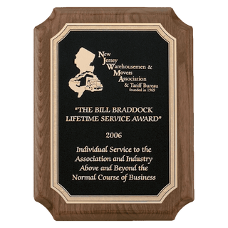 Walnut Piano Finish Plaque with Gold Florentine Border Textured Black 8" x 10 1/2" Airflyte Premium LaserFX Plate