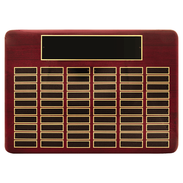 Rosewood Piano Finish 60 Plate Perpetual Plaque with Black Brass 15" x 21"/Plates 7/8" x 2 3/4" Plates