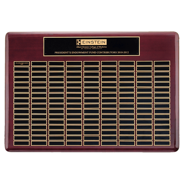 Rosewood Piano Finish 120 Plate Perpetual Plaque with Black Brass 22" x 30"/Plates 7/8" x 2 3/4" Plates