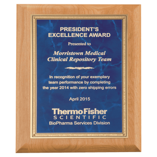 Alder Wood Plaque with Sapphire Marble Gold 9" x 12" Natural Florentine Bordered LaserFX Plate
