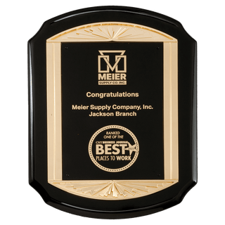 11" x 15" Black High Gloss Plaque with Metal Gold Sunburst Frame Casting and Black LaserFX Plate