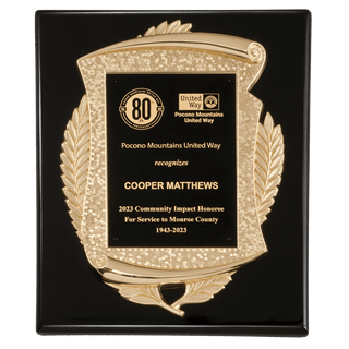 10 1/2" x 13" Black High Gloss Plaque with Metal Gold Scroll Frame Casting with Black LaserFX Plate