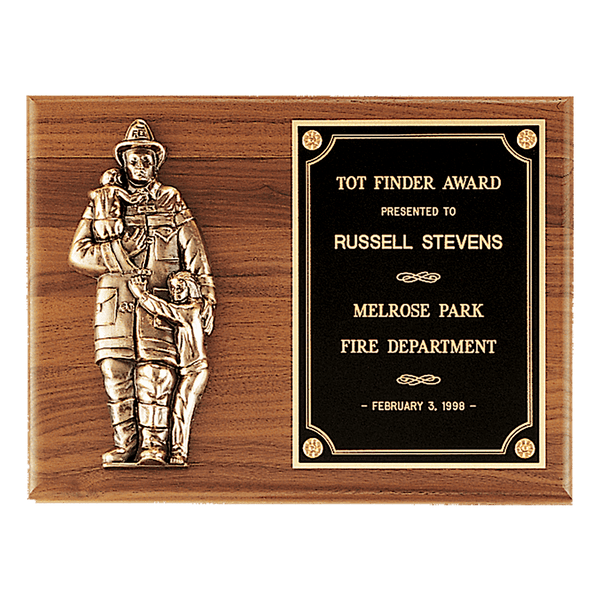 Walnut Plaque with Firefighter Relief and Black Brass 9" x 12" American Plate