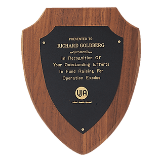 Black Laserable Gold Border Shield Plate on an American Walnut 7 1/4" x 9" Jewelers Shield Plaque- Sheffield Series