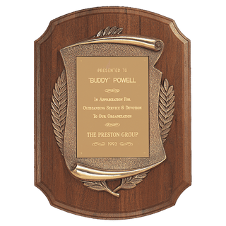 Walnut Notch Corner Plaque w/Antique Bronze Scroll/Brushed Brass 11" x 15" American Plate