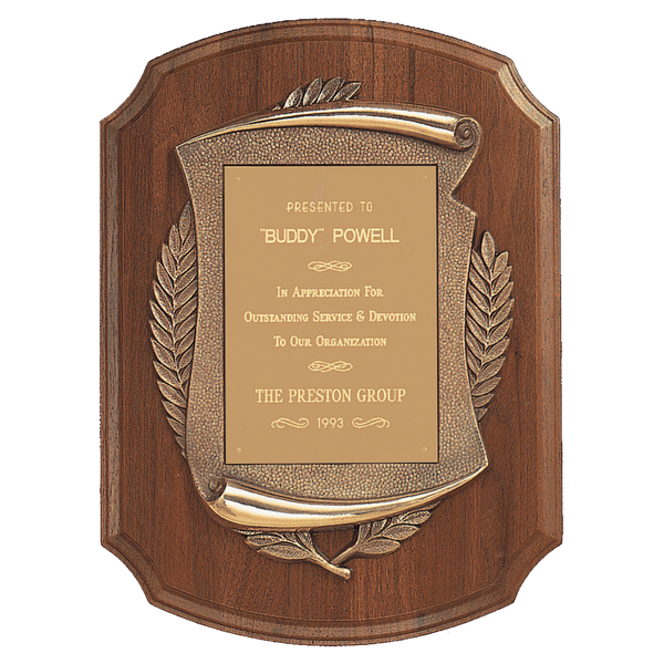 Walnut Notch Corner Plaque w/Antique Bronze Scroll/Brushed Brass 11" x 15" American Plate