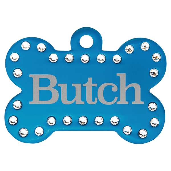 Blue 1 1/2" x 1" Laserable Anodized Aluminum Swarovski Bling Bone with Tab