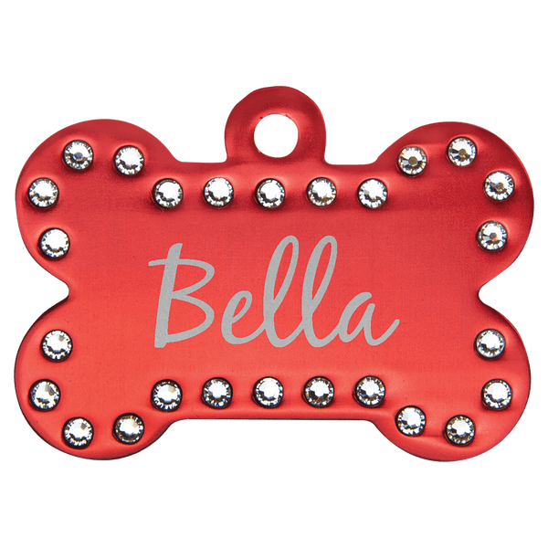 Red 1 1/2" x 1" Laserable Anodized Aluminum Swarovski Bling Bone with Tab
