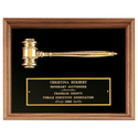 Gold Electrooplated Gavel in a Walnut Frame with Black Velour Background and Black Laserable Brass 10" x 13" plate