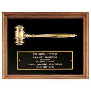 Gold Electrooplated Gavel in a Walnut Frame with Black Velour Background and Black Laserable Brass 10" x 13" plate