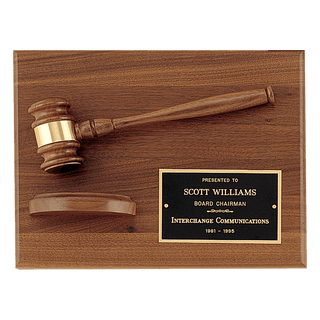 9" x 12" Solid Walnut Plaque with a Walnut Gavel, Gold Gavel Band, Black Laserable Brass Plate and a Walnut Half Sounding Block