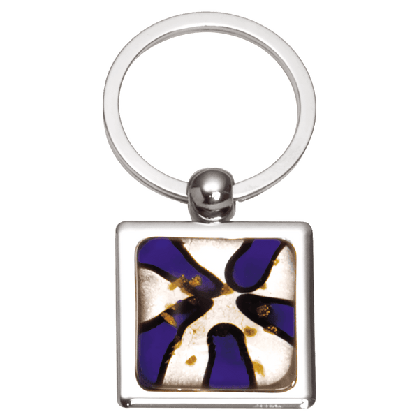 Blue 1 1/4" x 2 3/4" Art Glass Decorated Key Ring