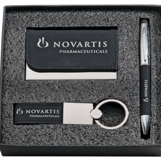 Black Leather Gift Set/Pen, Keychain, Business Card Holder