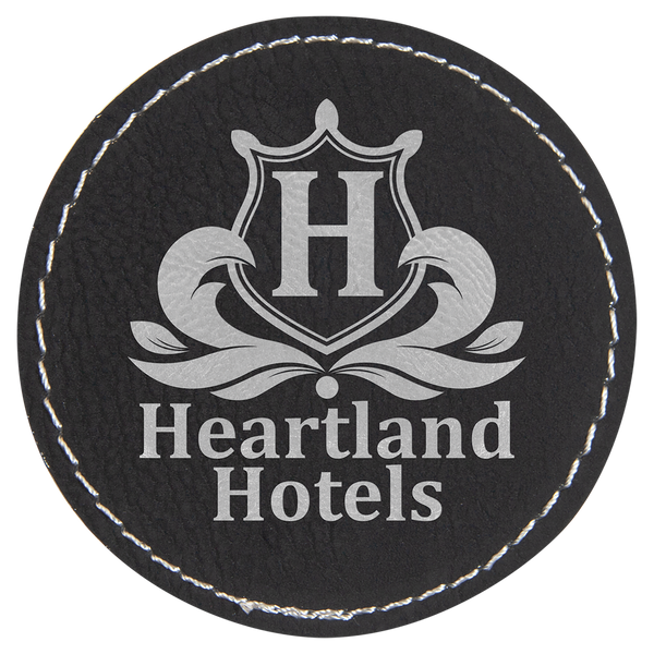 Black/Silver 2 1/2" Round Laserable Leatherette Patch with Adhesive