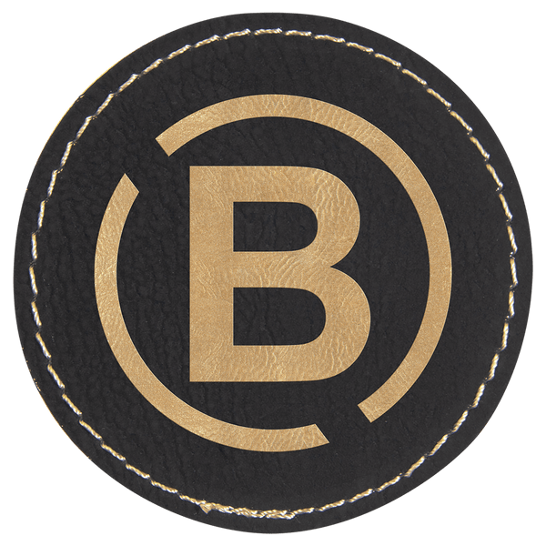 Black/Gold 2 1/2" Round Laserable Leatherette Patch with Adhesive