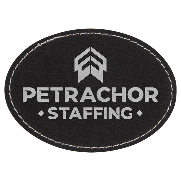 Black/Silver 3 1/2" x 2 1/2" Laserable Leatherette Oval Patch with Kota Pro Adhesive