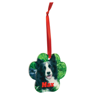 3 3/4" x 3 1/2" Paw Sublimatable Acrylic Ornament with Red Ribbon