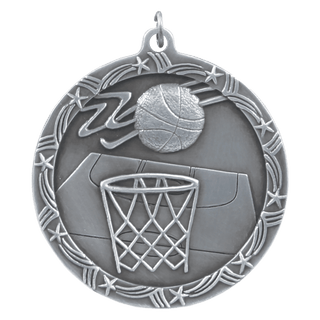 Antique Silver 2 1/2" Basketball Shooting Star Medal