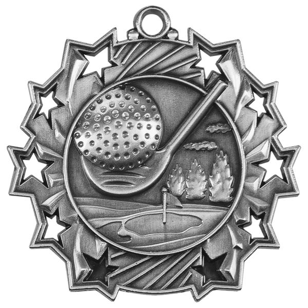Antique Silver 2 1/4" Golf Ten Star Medal