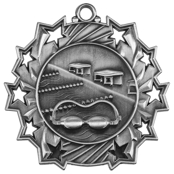 Antique Silver 2 1/4" Swimming Ten Star Medal