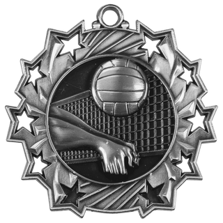 Antique Silver 2 1/4" Volleyball Ten Star Medal