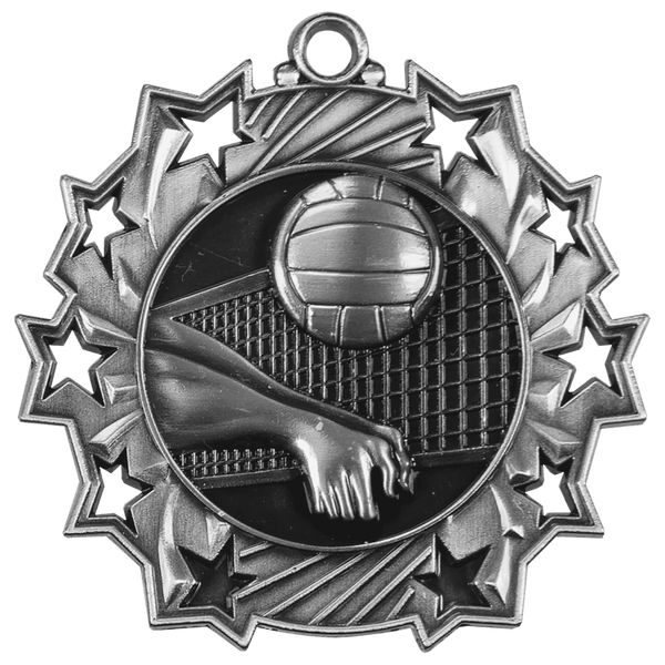 Antique Silver 2 1/4" Volleyball Ten Star Medal