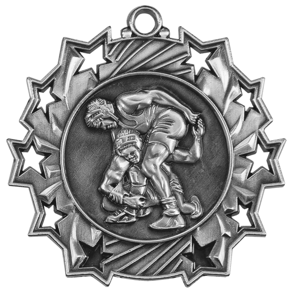 Antique Silver 2 1/4" Wrestling Ten Star Medal