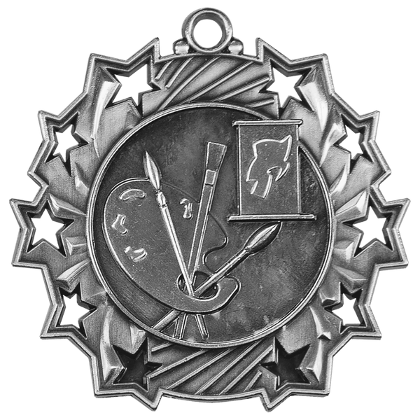 Antique Silver 2 1/4" Art Ten Star Medal